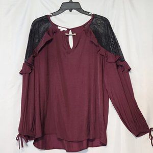 Maurices XL maroon/burgundy w/ black lace cold shoulder long sleeve blouse